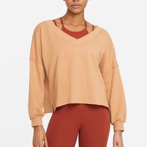 Nike Yoga Luxe Fleece V-Neck Top Cropped Sweatshirt Praline Woman’s Size Large